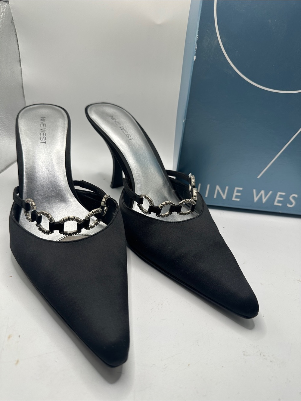 Nine West Black Pointed Toe Mules with Decorative Chain